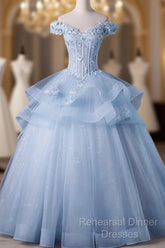 Light Blue Off Shoulder Lace Applique Ball Gown Formal Dress, Blue Sweet 16 Gown